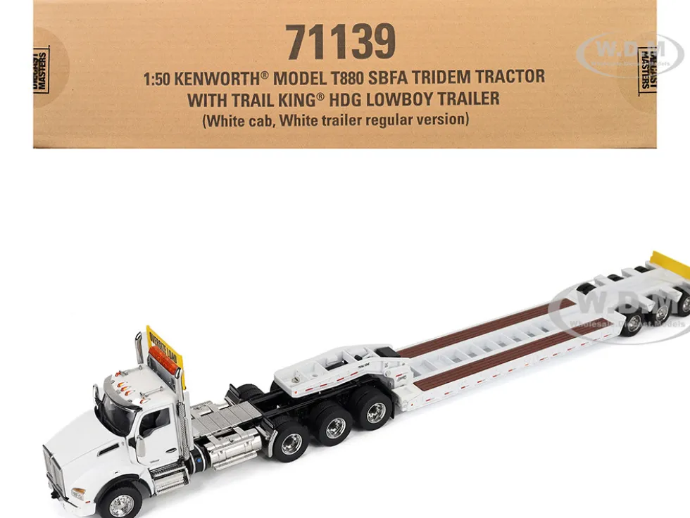 Kenworth T880 SBFA Tridem Truck with Trail King HDG Lowboy Trailer White "Transport Series" 1/50 Diecast Model by Diecast Masters