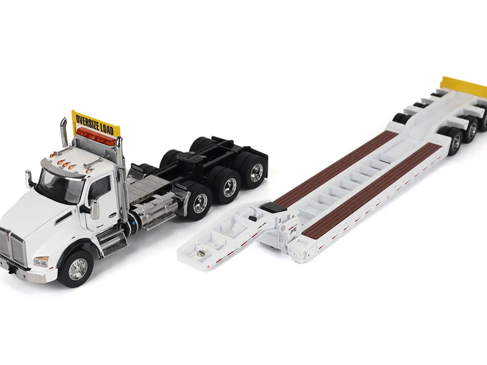 Kenworth T880 SBFA Tridem Truck with Trail King HDG Lowboy Trailer White "Transport Series" 1/50 Diecast Model by Diecast Masters