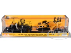 Kenworth T880 SBFS Sleeper Tandem Tractor Black with Lowboy Trailer and CAT 320D L Hydraulic Excavator Yellow 1/87 HO Diecast Model Diecast Masters 84420