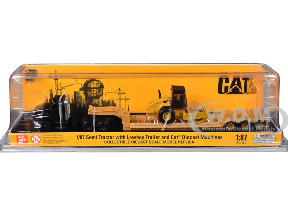 Kenworth T880 Tractor Black with Lowboy Trailer and CAT Roller Yellow 1/87 (HO) Diecast Model by Diecast Masters