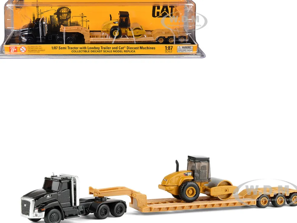 Kenworth T880 Tractor Black with Lowboy Trailer and CAT Roller Yellow 1/87 (HO) Diecast Model by Diecast Masters