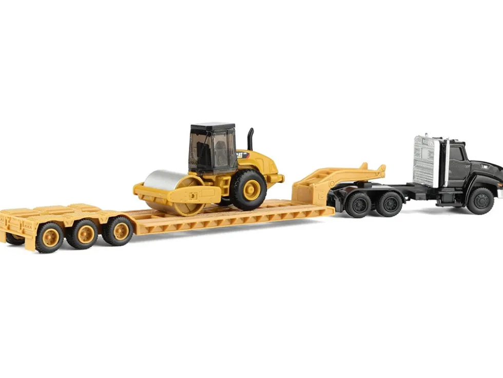Kenworth T880 Tractor Black with Lowboy Trailer and CAT Roller Yellow 1/87 (HO) Diecast Model by Diecast Masters