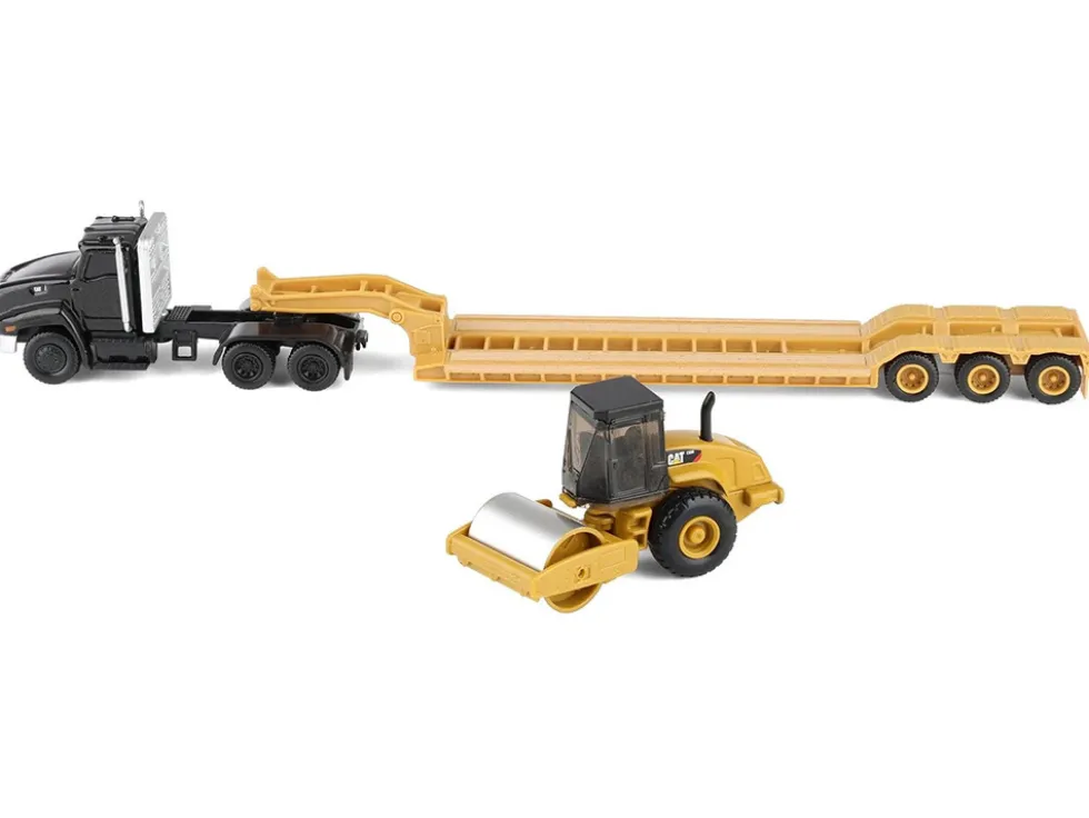 Kenworth T880 Tractor Black with Lowboy Trailer and CAT Roller Yellow 1/87 (HO) Diecast Model by Diecast Masters