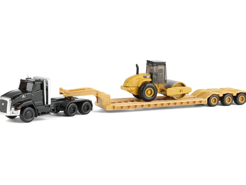 Kenworth T880 Tractor Black with Lowboy Trailer and CAT Roller Yellow 1/87 (HO) Diecast Model by Diecast Masters