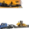 Kenworth T880 Tractor Blue Metallic with Lowboy Trailer and CAT Padfoot Roller Yellow 1/87 (HO) Diecast Model by Diecast Masters