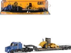 Kenworth T880 Tractor Blue Metallic with Lowboy Trailer and CAT Padfoot Roller Yellow 1/87 (HO) Diecast Model by Diecast Masters
