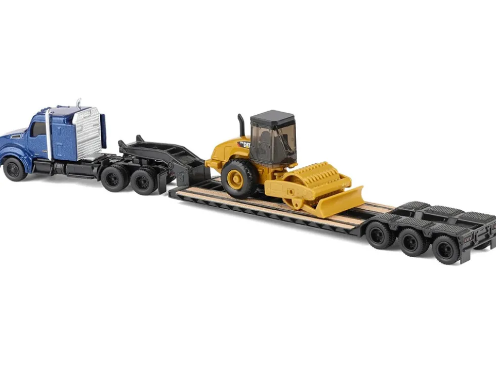 Kenworth T880 Tractor Blue Metallic with Lowboy Trailer and CAT Padfoot Roller Yellow 1/87 (HO) Diecast Model by Diecast Masters
