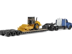 Kenworth T880 Tractor Blue Metallic with Lowboy Trailer and CAT Padfoot Roller Yellow 1/87 (HO) Diecast Model by Diecast Masters
