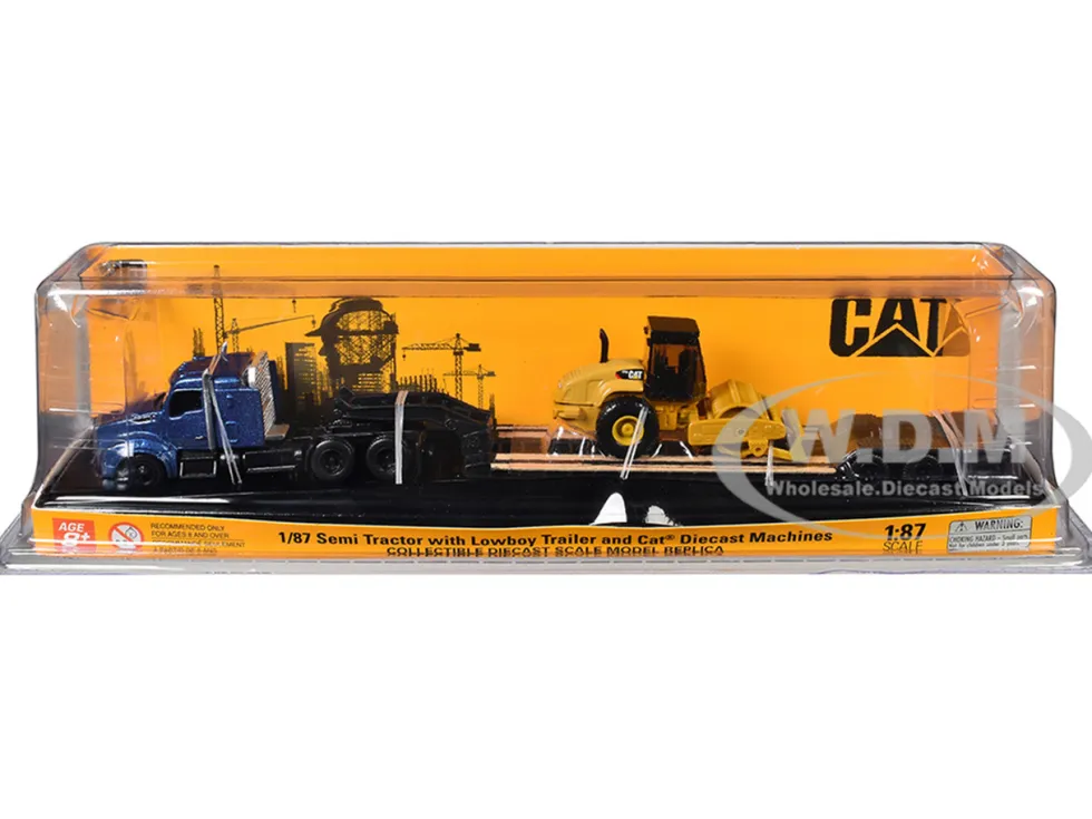 Kenworth T880 Tractor Blue Metallic with Lowboy Trailer and CAT Padfoot Roller Yellow 1/87 (HO) Diecast Model by Diecast Masters