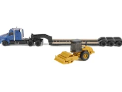 Kenworth T880 Tractor Blue Metallic with Lowboy Trailer and CAT Padfoot Roller Yellow 1/87 (HO) Diecast Model by Diecast Masters