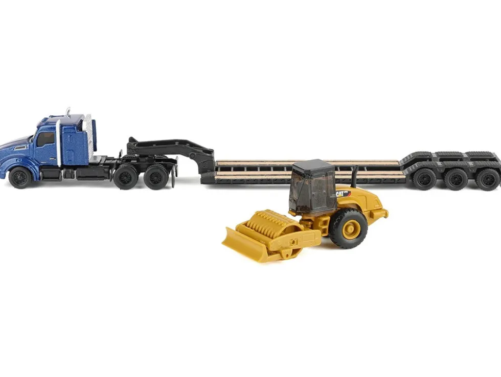 Kenworth T880 Tractor Blue Metallic with Lowboy Trailer and CAT Padfoot Roller Yellow 1/87 (HO) Diecast Model by Diecast Masters