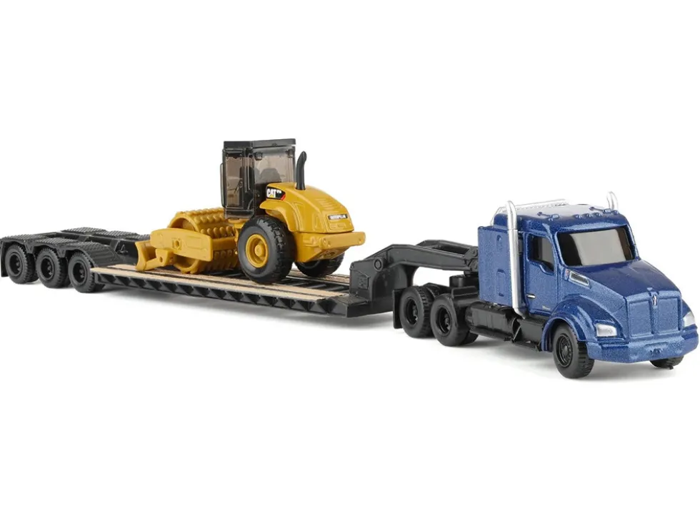 Kenworth T880 Tractor Blue Metallic with Lowboy Trailer and CAT Padfoot Roller Yellow 1/87 (HO) Diecast Model by Diecast Masters