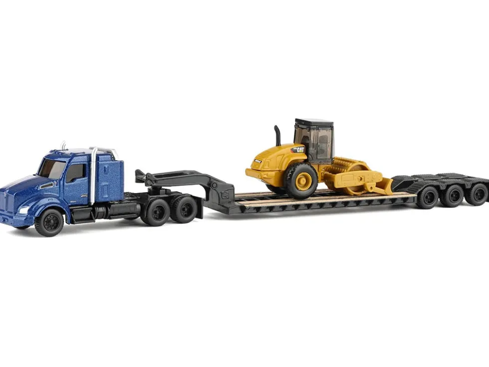 Kenworth T880 Tractor Blue Metallic with Lowboy Trailer and CAT Padfoot Roller Yellow 1/87 (HO) Diecast Model by Diecast Masters