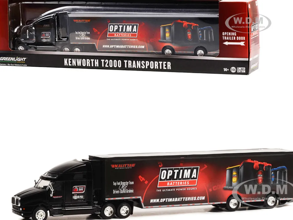 Kenworth T2000 Transporter Black OPTIMA Batteries The Ultimate Power Source Hobby Exclusive Series 1/64 Diecast Model Greenlight 30378