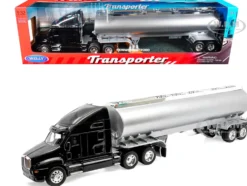 Kenworth T2000 Truck Black with Silver Tanker Trailer "Transporter" Series 1/32 Diecast Model by Welly