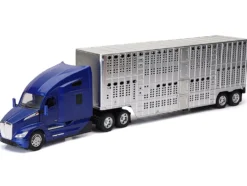 Kenworth T680 Truck Blue Metallic with Livestock Trailer Chrome "Long Haul Trucker" Series 1/32 Diecast Model by New Ray