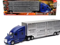 Kenworth T680 Truck Blue Metallic with Livestock Trailer Chrome 