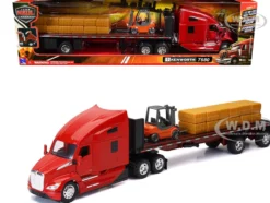 Kenworth T680 Truck Red and Flatbed Trailer with Forklift and Hay Load "Long Haul Trucker" Series 1/32 Diecast Model by New Ray
