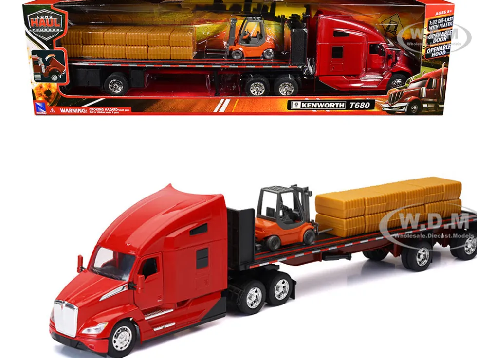 Kenworth T680 Truck Red and Flatbed Trailer with Forklift and Hay Load "Long Haul Trucker" Series 1/32 Diecast Model by New Ray