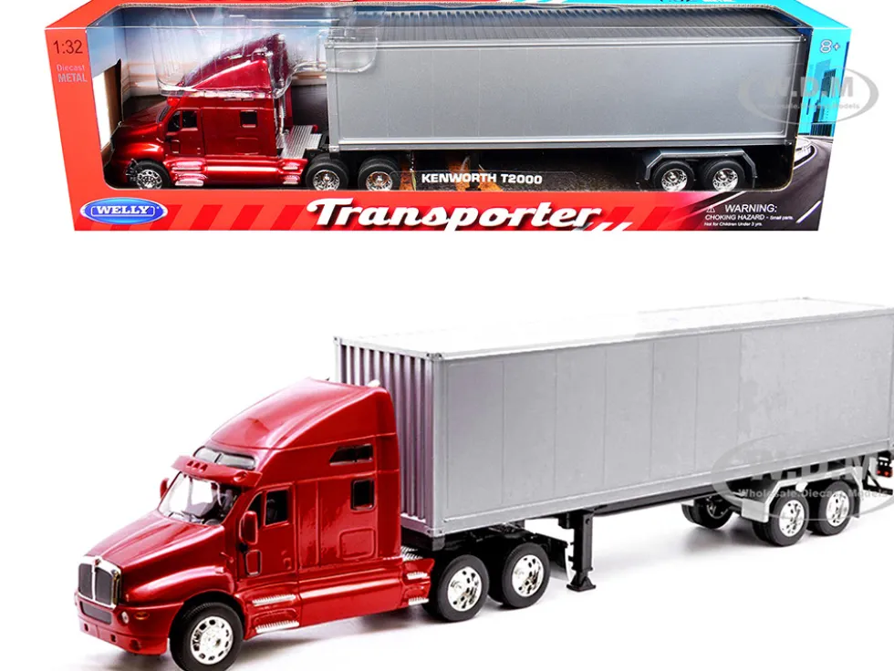 Kenworth T2000 Truck Red Metallic with Gray Container "Transporter" Series 1/32 Diecast Model by Welly
