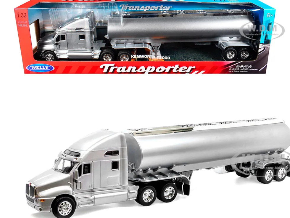 Kenworth T2000 Truck Silver Metallic with Silver Tanker Trailer "Transporter" Series 1/32 Diecast Model by Welly