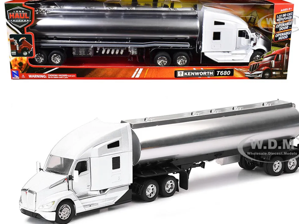 Kenworth T680 Truck White with Oil Tanker Trailer Chrome "Long Haul Trucker" Series 1/32 Diecast Model by New Ray