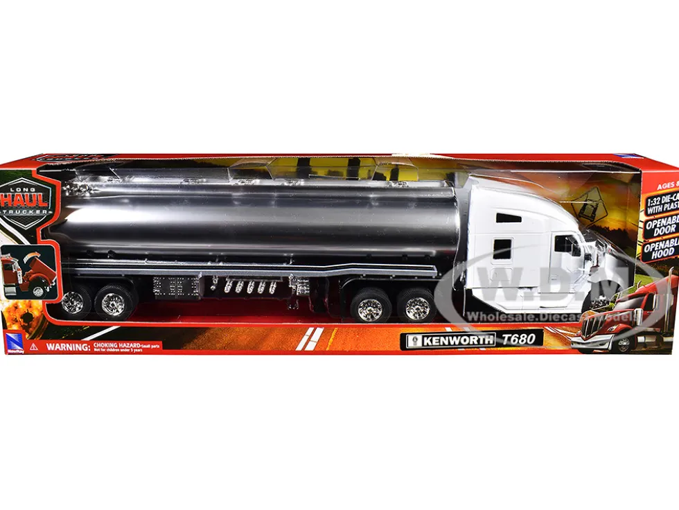 Kenworth T680 Truck White with Oil Tanker Trailer Chrome "Long Haul Trucker" Series 1/32 Diecast Model by New Ray