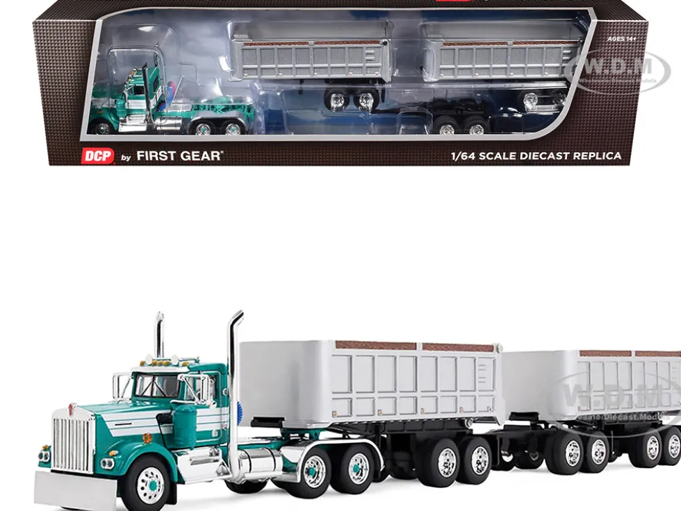 Kenworth W900A Day Cab with 22' Dual End Dump Trailers Turquoise with White Stripes 1/64 Diecast Model by DCP/First Gear