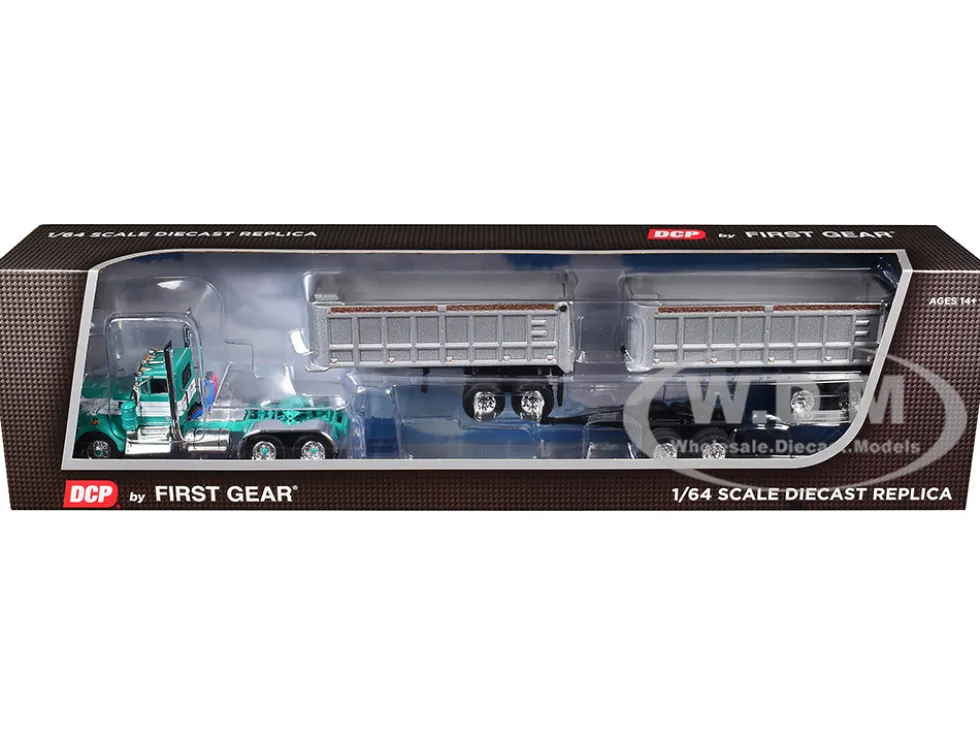 Kenworth W900A Day Cab with 22' Dual End Dump Trailers Turquoise with White Stripes 1/64 Diecast Model by DCP/First Gear