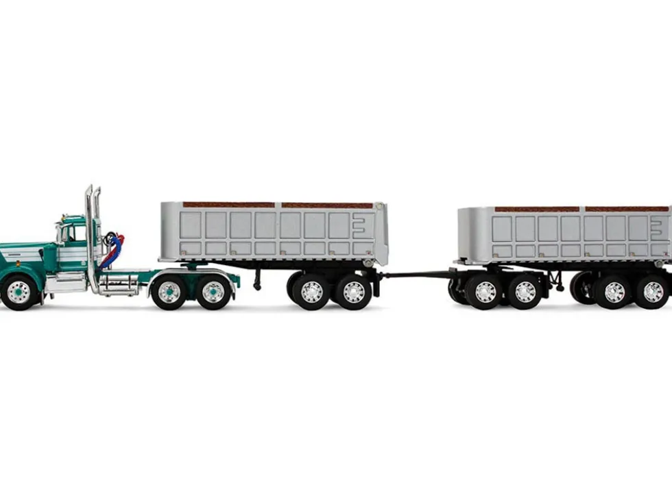 Kenworth W900A Day Cab with 22' Dual End Dump Trailers Turquoise with White Stripes 1/64 Diecast Model by DCP/First Gear