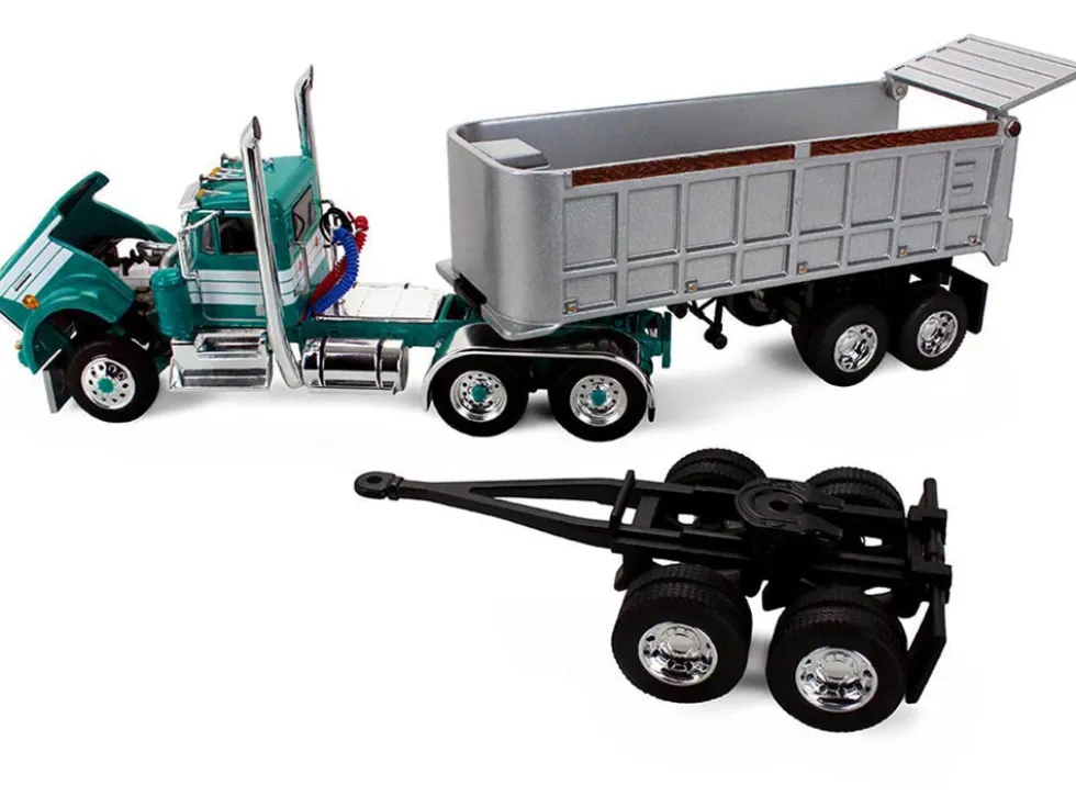 Kenworth W900A Day Cab with 22' Dual End Dump Trailers Turquoise with White Stripes 1/64 Diecast Model by DCP/First Gear