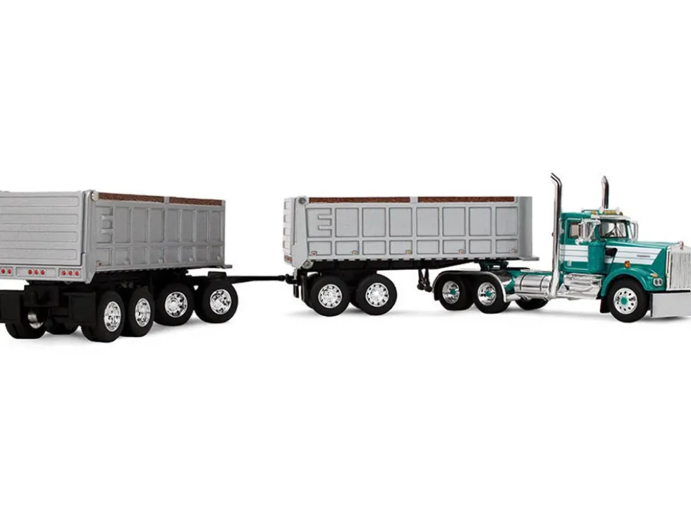 Kenworth W900A Day Cab with 22' Dual End Dump Trailers Turquoise with White Stripes 1/64 Diecast Model by DCP/First Gear
