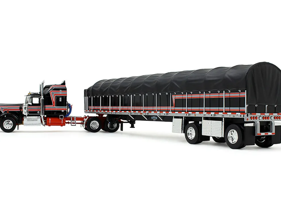 Kenworth W900A with 60" Aerodyne Sleeper and 53’ Wilson Roadbrute Flatbed Trailer with Covered Wagon Black with Red Stripes 1/64 Diecast Model by DCP/First Gear