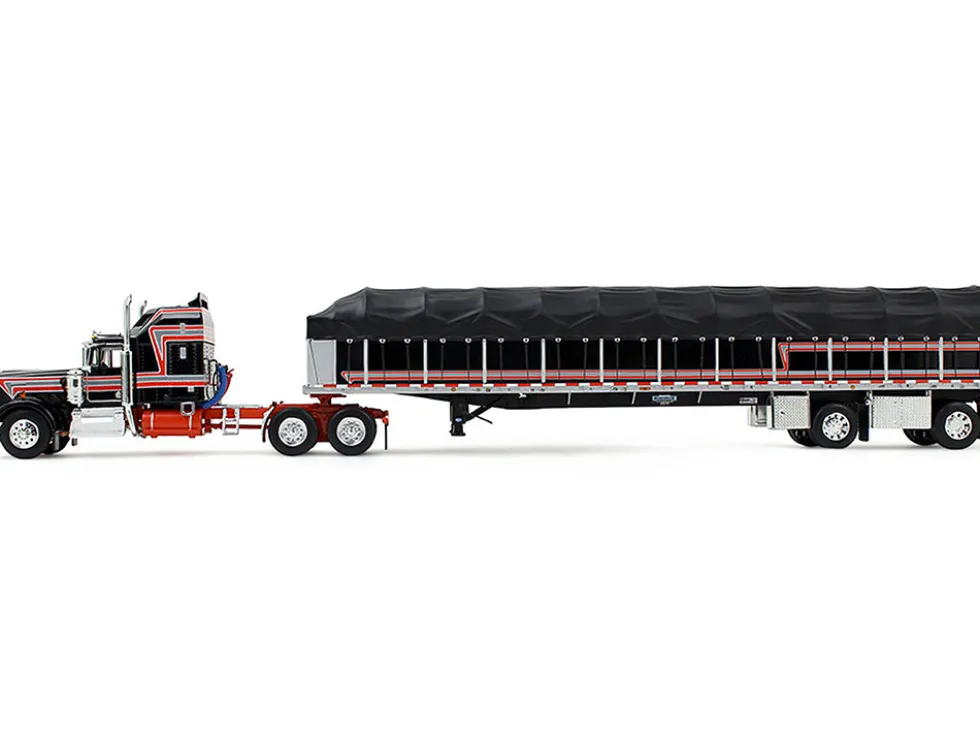 Kenworth W900A with 60" Aerodyne Sleeper and 53’ Wilson Roadbrute Flatbed Trailer with Covered Wagon Black with Red Stripes 1/64 Diecast Model by DCP/First Gear
