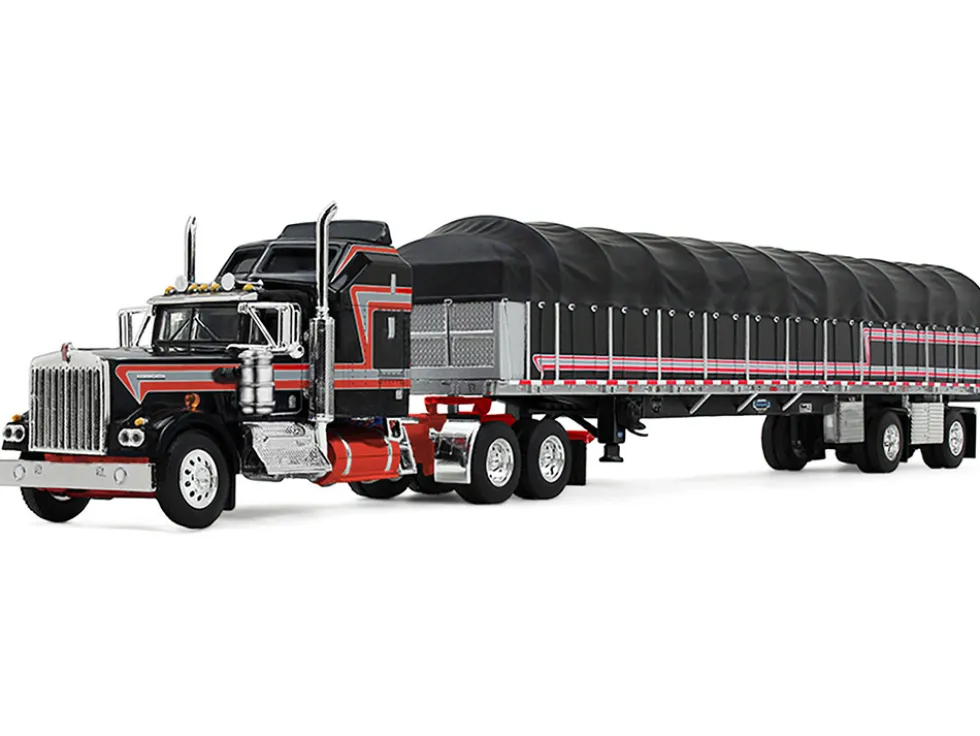 Kenworth W900A with 60" Aerodyne Sleeper and 53’ Wilson Roadbrute Flatbed Trailer with Covered Wagon Black with Red Stripes 1/64 Diecast Model by DCP/First Gear