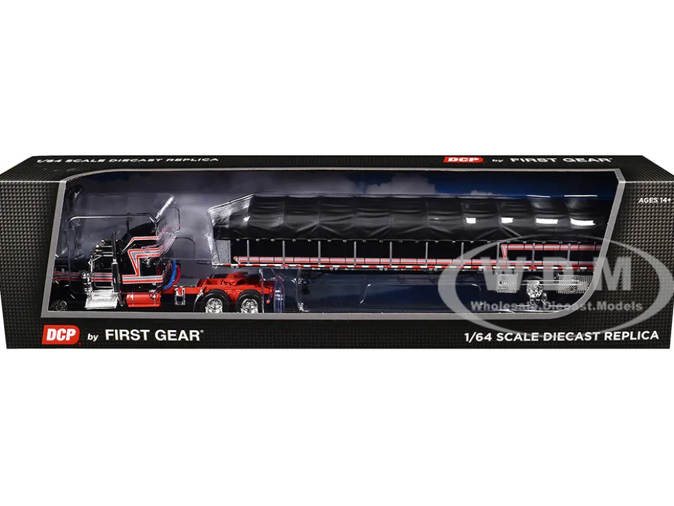 Kenworth W900A with 60" Aerodyne Sleeper and 53’ Wilson Roadbrute Flatbed Trailer with Covered Wagon Black with Red Stripes 1/64 Diecast Model by DCP/First Gear