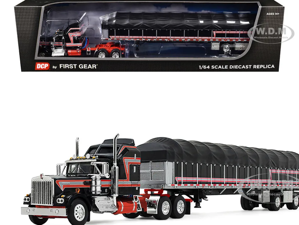 Kenworth W900A with 60" Aerodyne Sleeper and 53’ Wilson Roadbrute Flatbed Trailer with Covered Wagon Black with Red Stripes 1/64 Diecast Model by DCP/First Gear