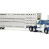 Kenworth W900A with 36" Sleeper and 45' Wilson Vintage Livestock Trailer Mariner Blue and White with Silver Trailer 1/64 Diecast Model by DCP/First Gear