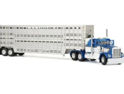 Kenworth W900A with 36" Sleeper and 45' Wilson Vintage Livestock Trailer Mariner Blue and White with Silver Trailer 1/64 Diecast Model by DCP/First Gear
