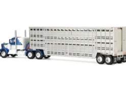 Kenworth W900A with 36" Sleeper and 45' Wilson Vintage Livestock Trailer Mariner Blue and White with Silver Trailer 1/64 Diecast Model by DCP/First Gear