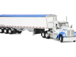Kenworth W990 Day Cab and Lode King Distinction Hopper Trailer White and Blue 1/64 Diecast Model by DCP/First Gear