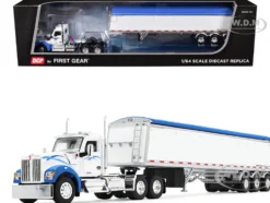 Kenworth W990 Day Cab and Lode King Distinction Hopper Trailer White and Blue 1/64 Diecast Model by DCP/First Gear