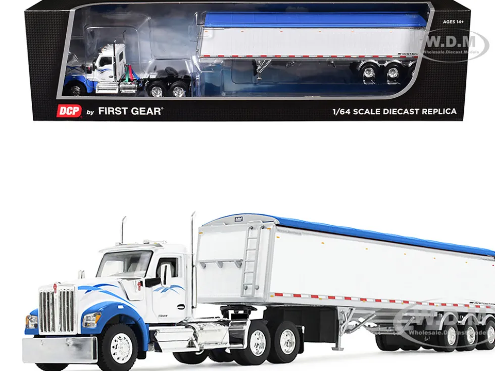 Kenworth W990 Day Cab and Lode King Distinction Hopper Trailer White and Blue 1/64 Diecast Model by DCP/First Gear