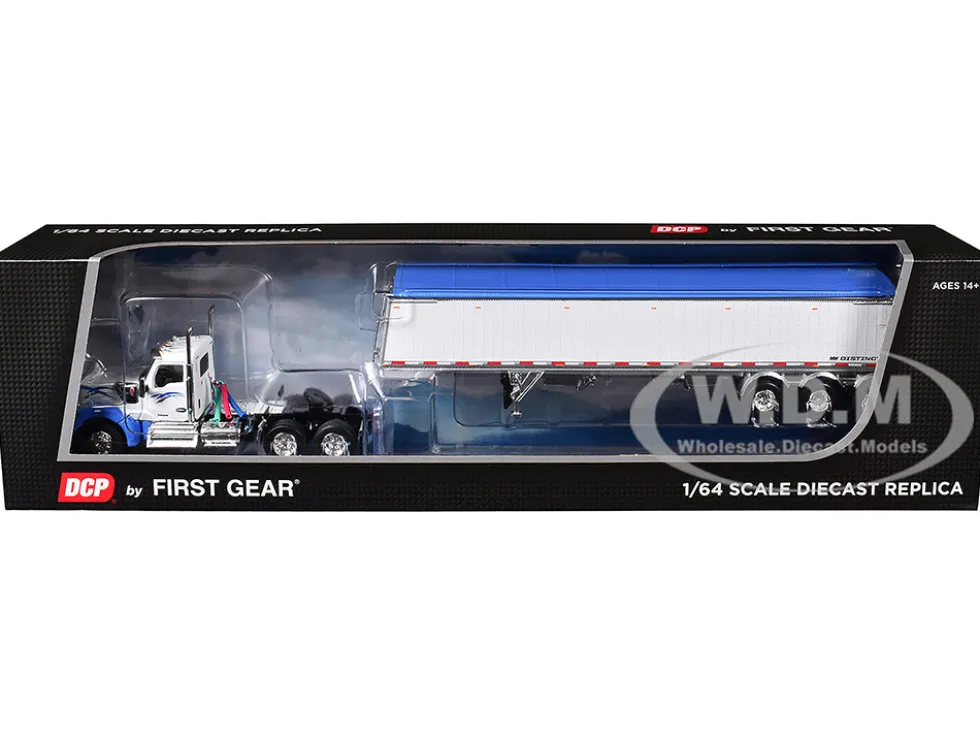 Kenworth W990 Day Cab and Lode King Distinction Hopper Trailer White and Blue 1/64 Diecast Model by DCP/First Gear