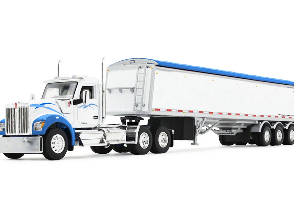 Kenworth W990 Day Cab and Lode King Distinction Hopper Trailer White and Blue 1/64 Diecast Model by DCP/First Gear