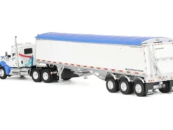 Kenworth W990 Day Cab and Lode King Distinction Hopper Trailer White and Blue 1/64 Diecast Model by DCP/First Gear