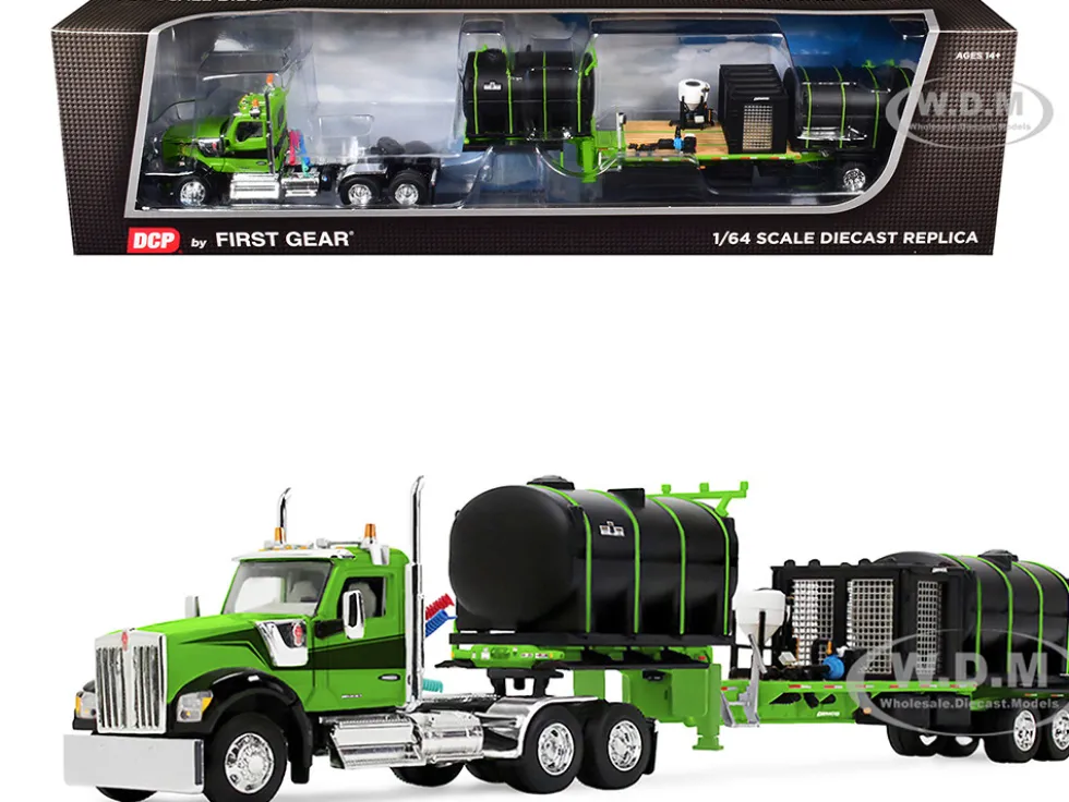 Kenworth W900 Day Cab with Demco 42' Liquid Fertilizer Tender Trailer Green and Black 1/64 Diecast Model by DCP/First Gear