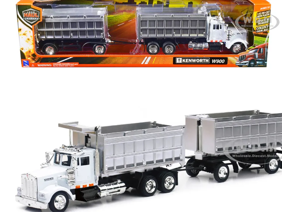 Kenworth W900 Dump Truck with Twin Dump Body White and Chrome Long Haul Trucker Series 1/43 Diecast Model New Ray 15223B
