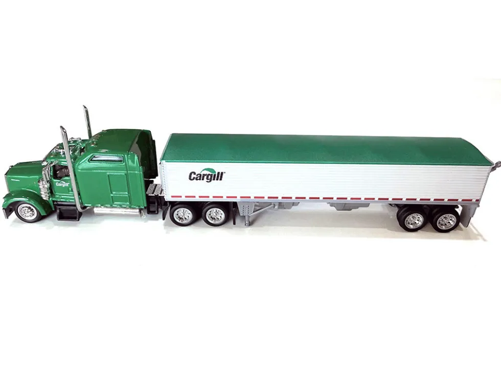 Kenworth W900L Truck Tractor with Sleeper Cab "Cargill" Green and Covered Grain Trailer White with Green Tarp Combo Set 1/87 (HO) Plastic Model Car by HO Logistics
