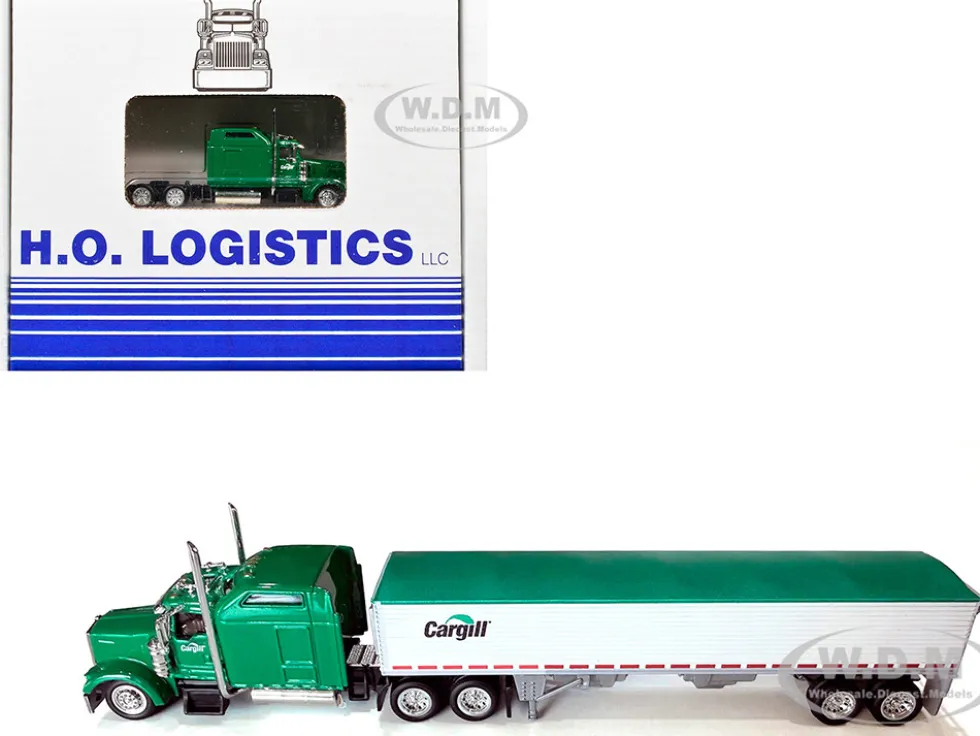 Kenworth W900L Truck Tractor with Sleeper Cab "Cargill" Green and Covered Grain Trailer White with Green Tarp Combo Set 1/87 (HO) Plastic Model Car by HO Logistics